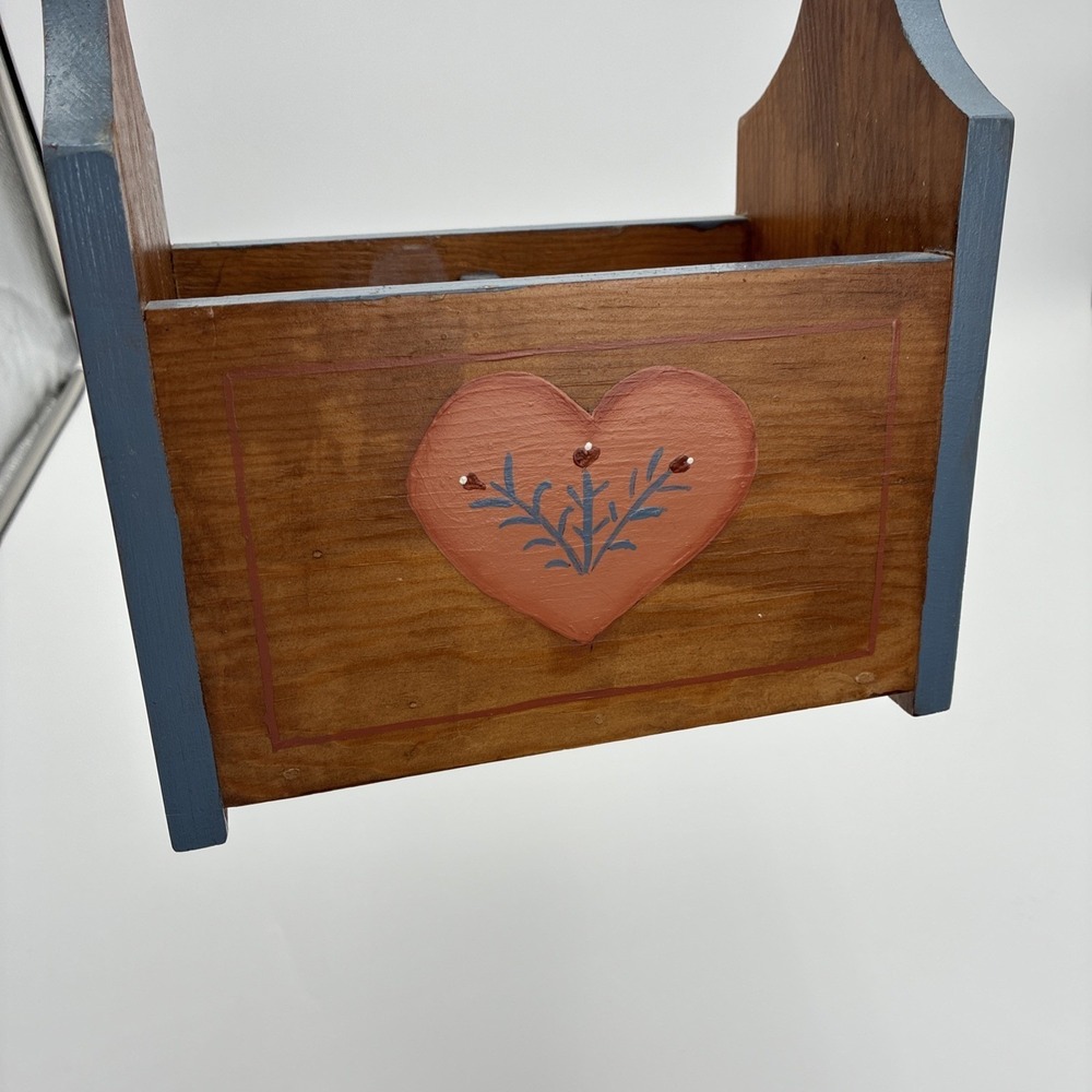 Vtg Hand Painted Wooden Caddy Folk Art Heart Duck Country craft Organizer Blue - Picture 6 of 15